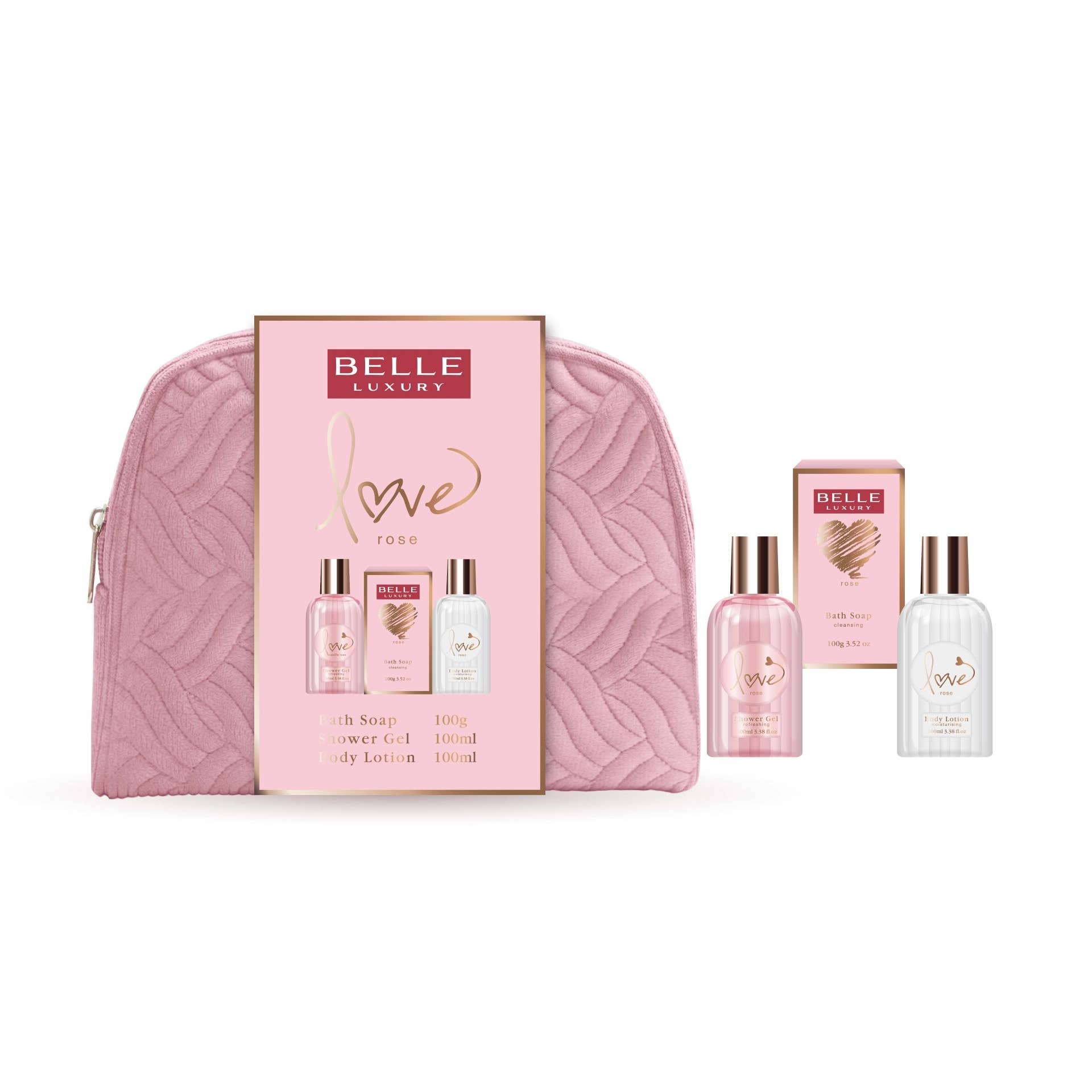 Coffret cadeau femme Belle Luxury Love Rose – Gel Douche, Lotion & Savon