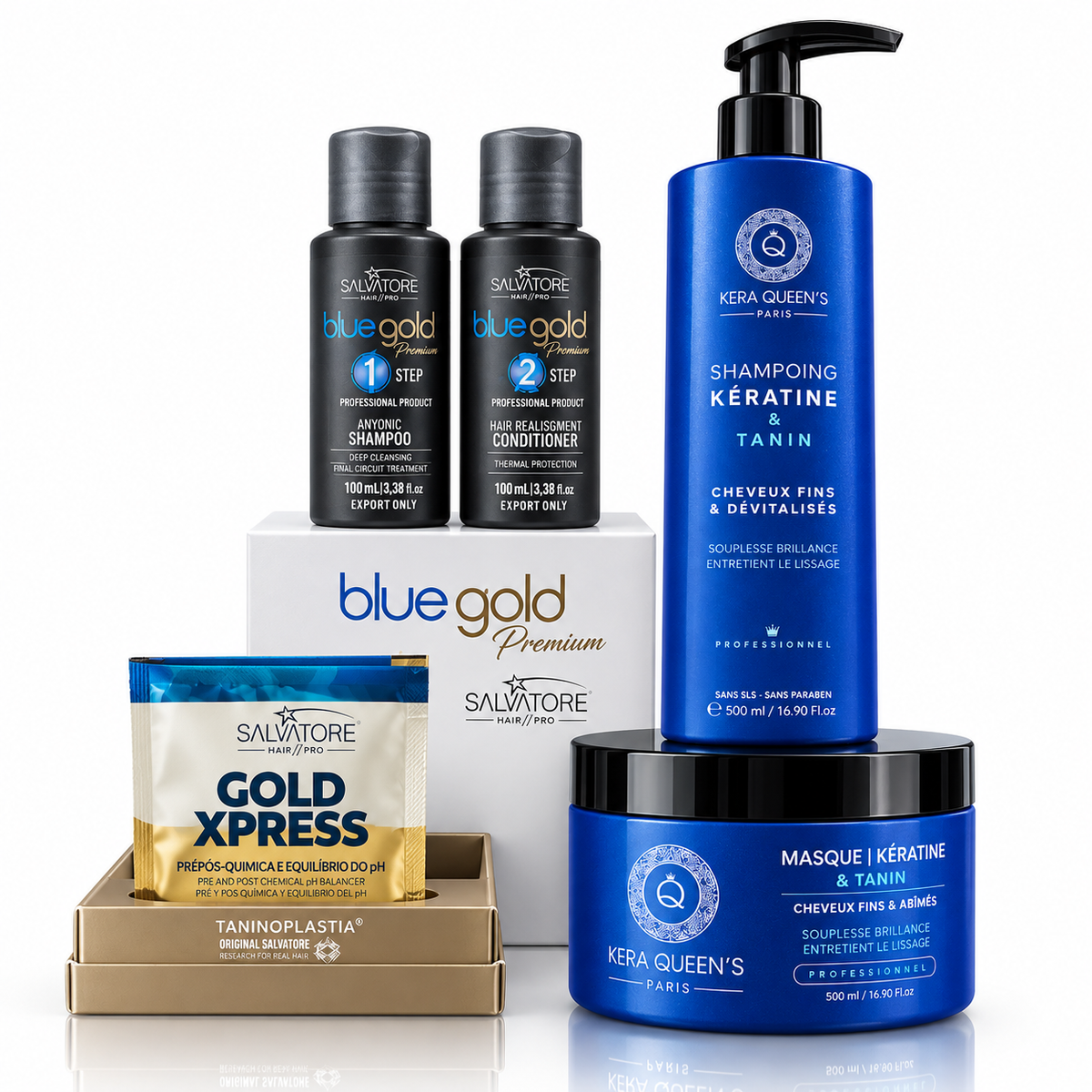 Coffret Lissage Complet Salvatore Blue Gold Premium Taninoplastia + Kera Queen's Kératine & Tanin — Cheveux Fins & Dévitalisés
