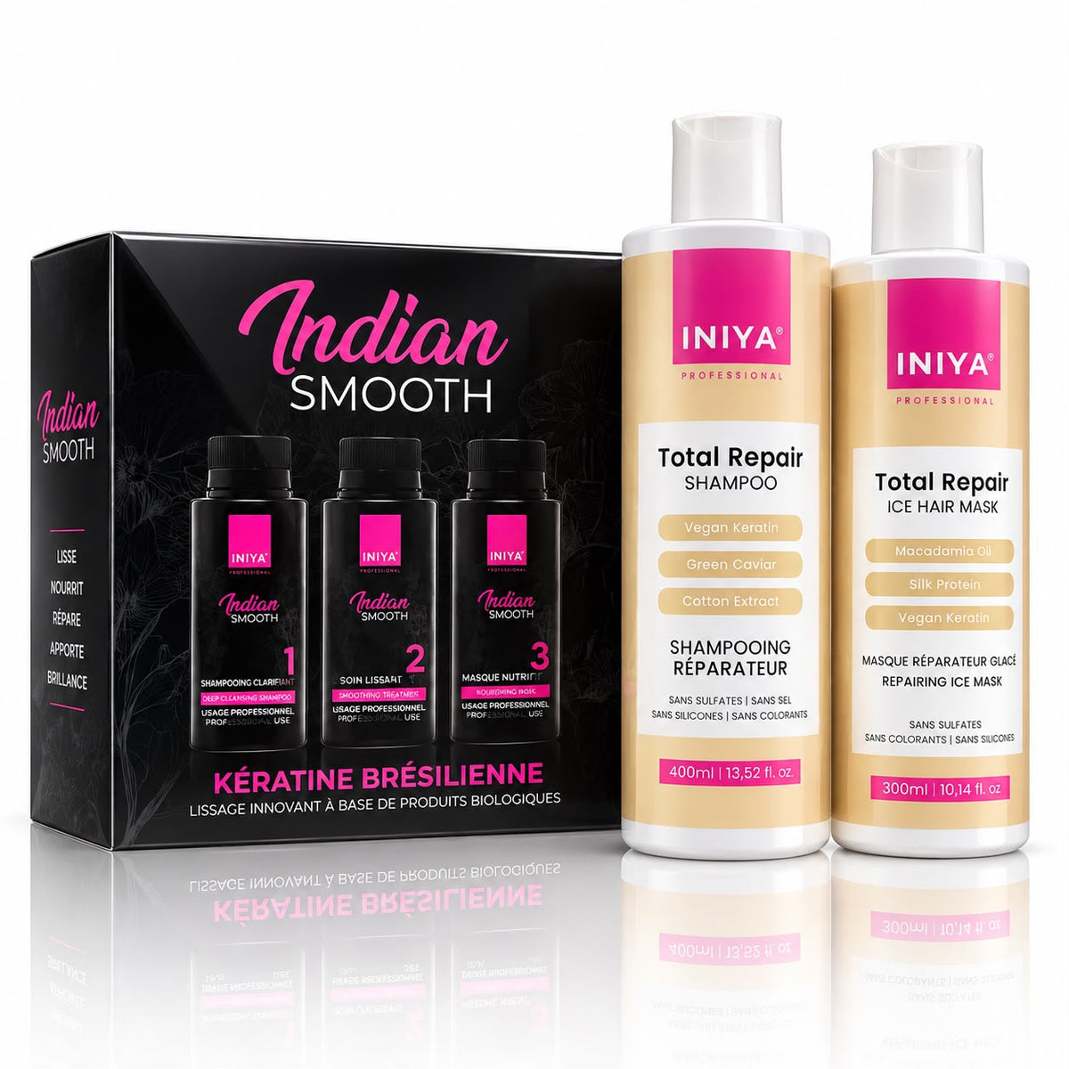 Coffret Lissage Complet Iniya Indian Smooth + Total Repair — Réparation Cheveux Abîmés & Cassants