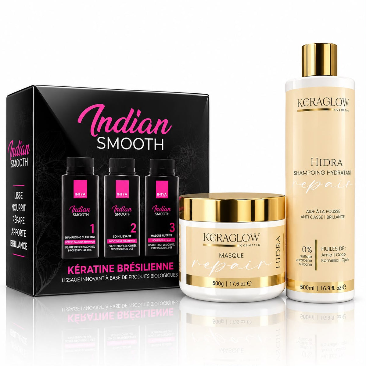 Coffret Lissage Complet Iniya Indian Smooth + Keraglow Hidra — Hydratation Intense Cheveux Secs