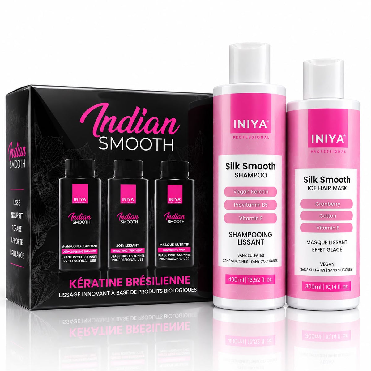 Coffret Lissage Complet Iniya Indian Smooth + Silk Smooth — Entretien Lissage Effet Glacé Brillance Miroir