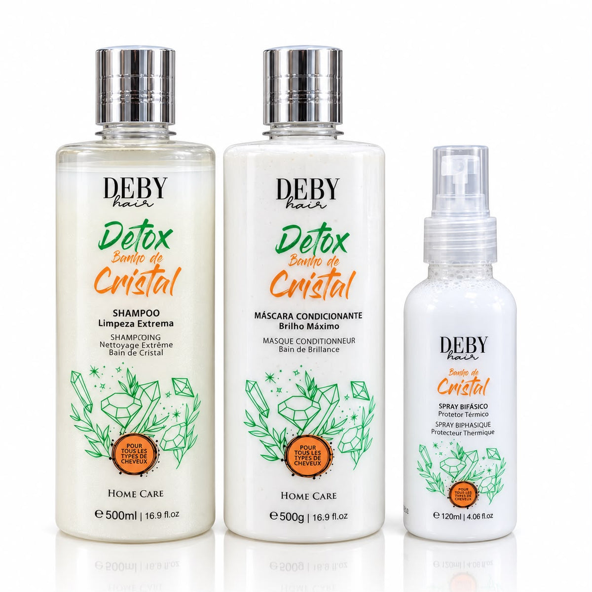 Kit Entretien Lissage Home Care Deby Hair — Detox Banho de Cristal — Shampoing 500ml + Masque 500g + Spray Biphasique 120ml | Post-Lissage & Botox