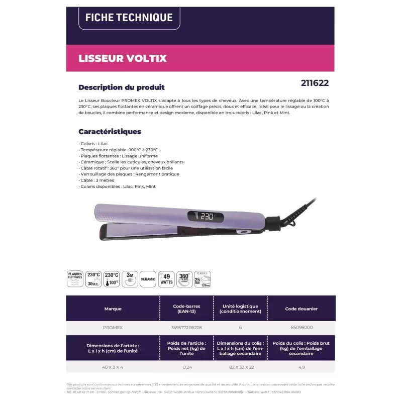 Lisseur Professionnel VOLTIX Ceramik Sapphire 230°C – Plaques Céramique